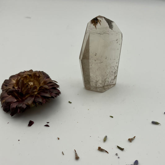 Smoky Quartz Freeform with little golden rutile inclusion at tip.