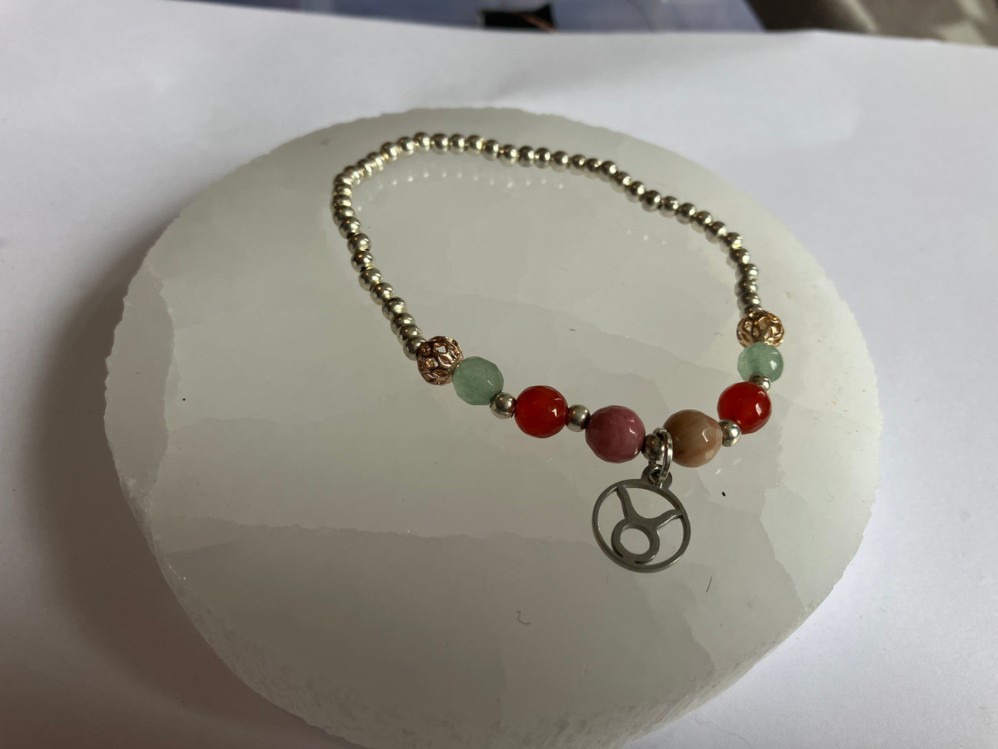 Taurus birthstone bracelet. TWO OPTIONS. Aventurine, carnelian rhodochrosite. Zodiac birthday gift. Self esteem, self confidence, self love