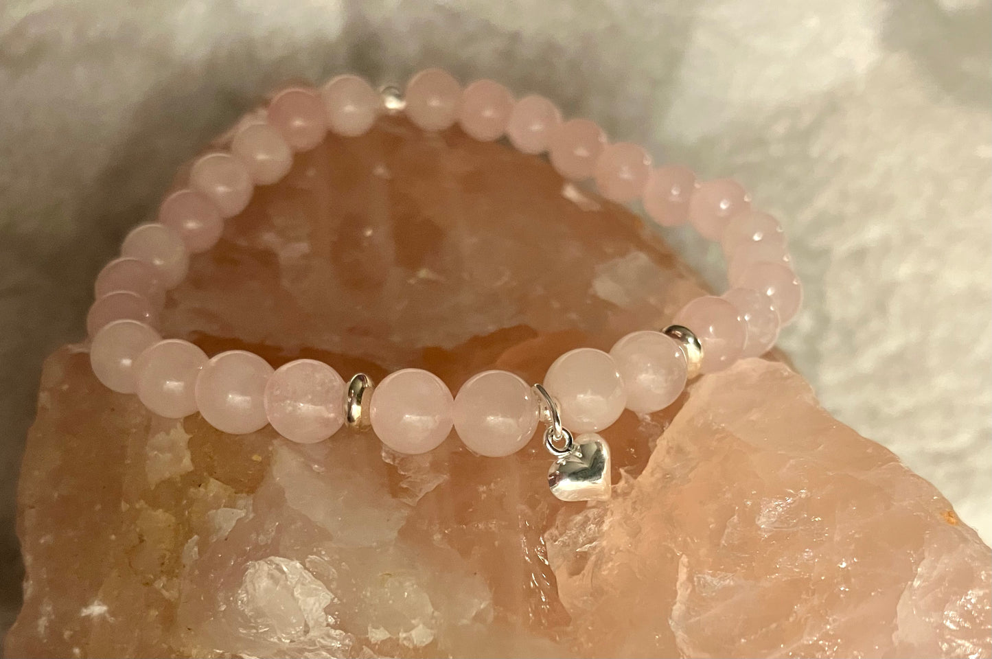 Crystal heart chakra healing bracelet. Rose Quartz. 925 sterling silver and real gemstone beads.