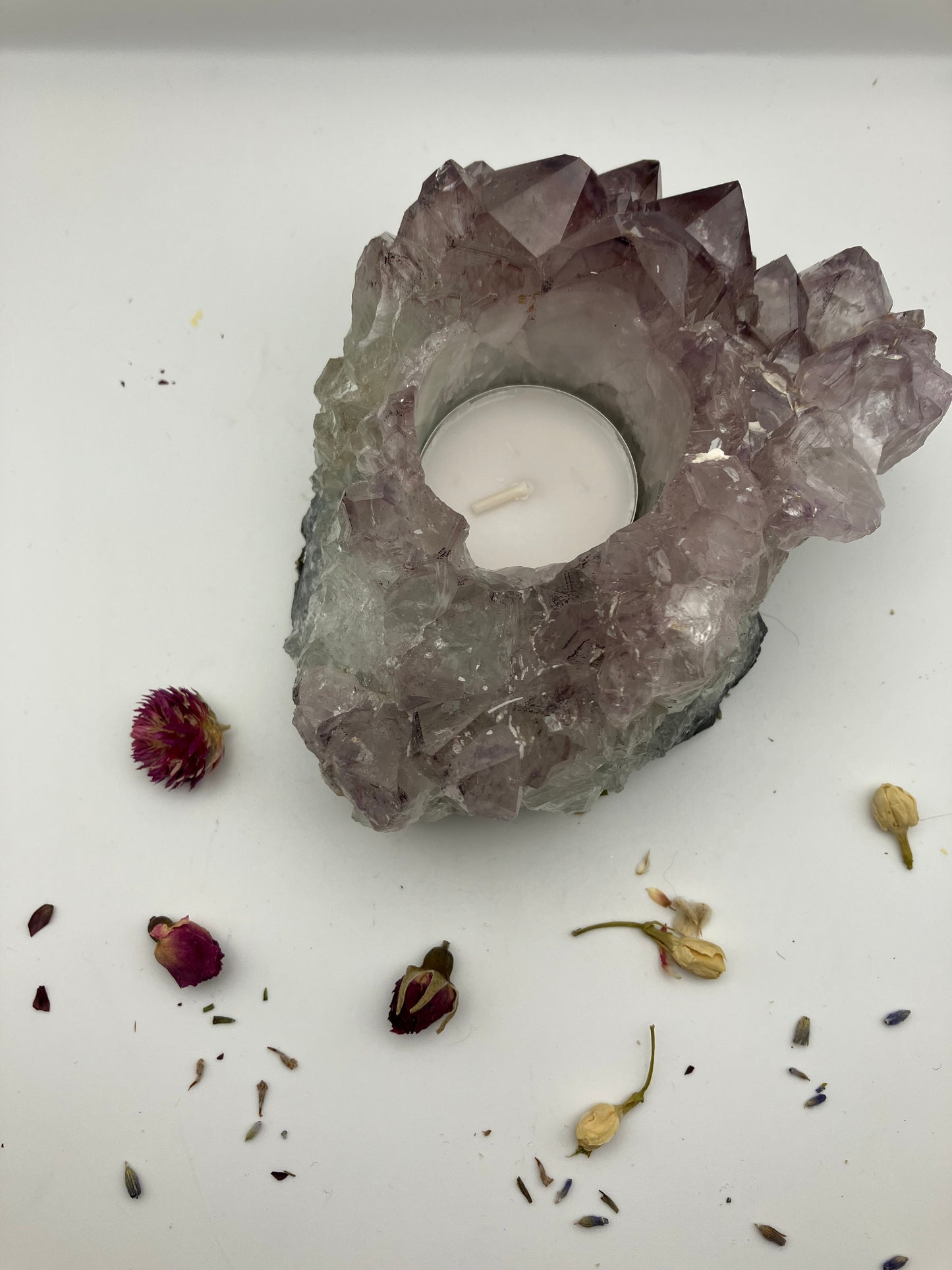 Amethyst Cluster with Calcite Tea light Candle Holder with felt bottom - 868g