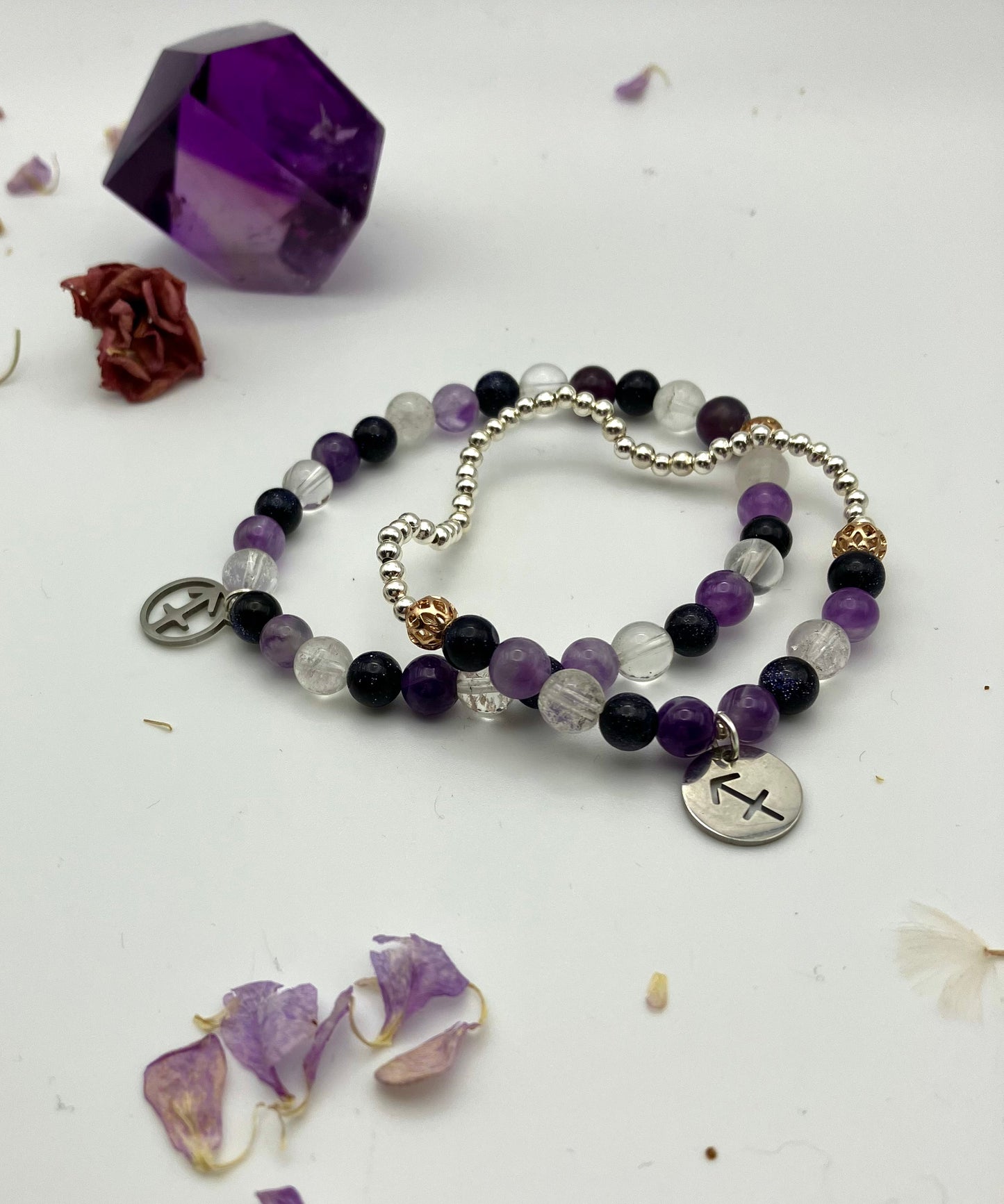 Sagittarius Semi Gemstone charm bracelet. TWO OPTIONS. Amethyst, Blue goldstone. Zodiac birthday gift. Spirituality, focus