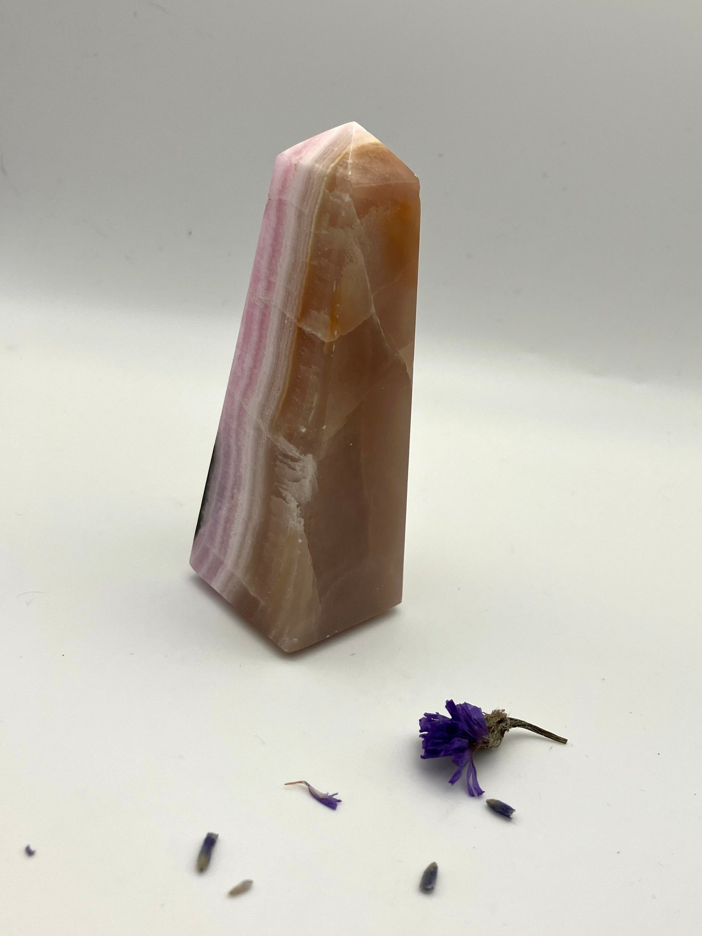 Rare pink aragonite tower with brown aragonite and white calcite. 9cm 141g