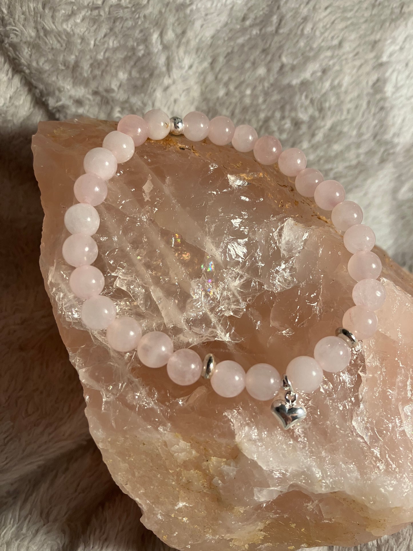 Crystal heart chakra healing bracelet. Rose Quartz. 925 sterling silver and real gemstone beads.