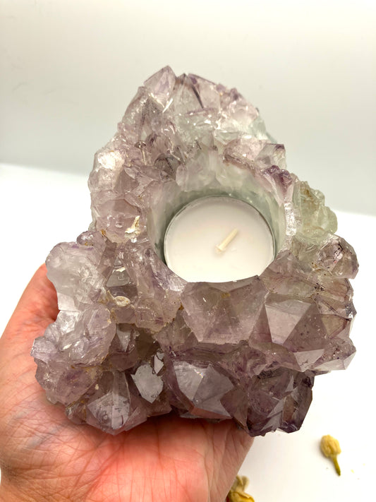 Amethyst Cluster with Calcite Tea light Candle Holder with felt bottom - 868g