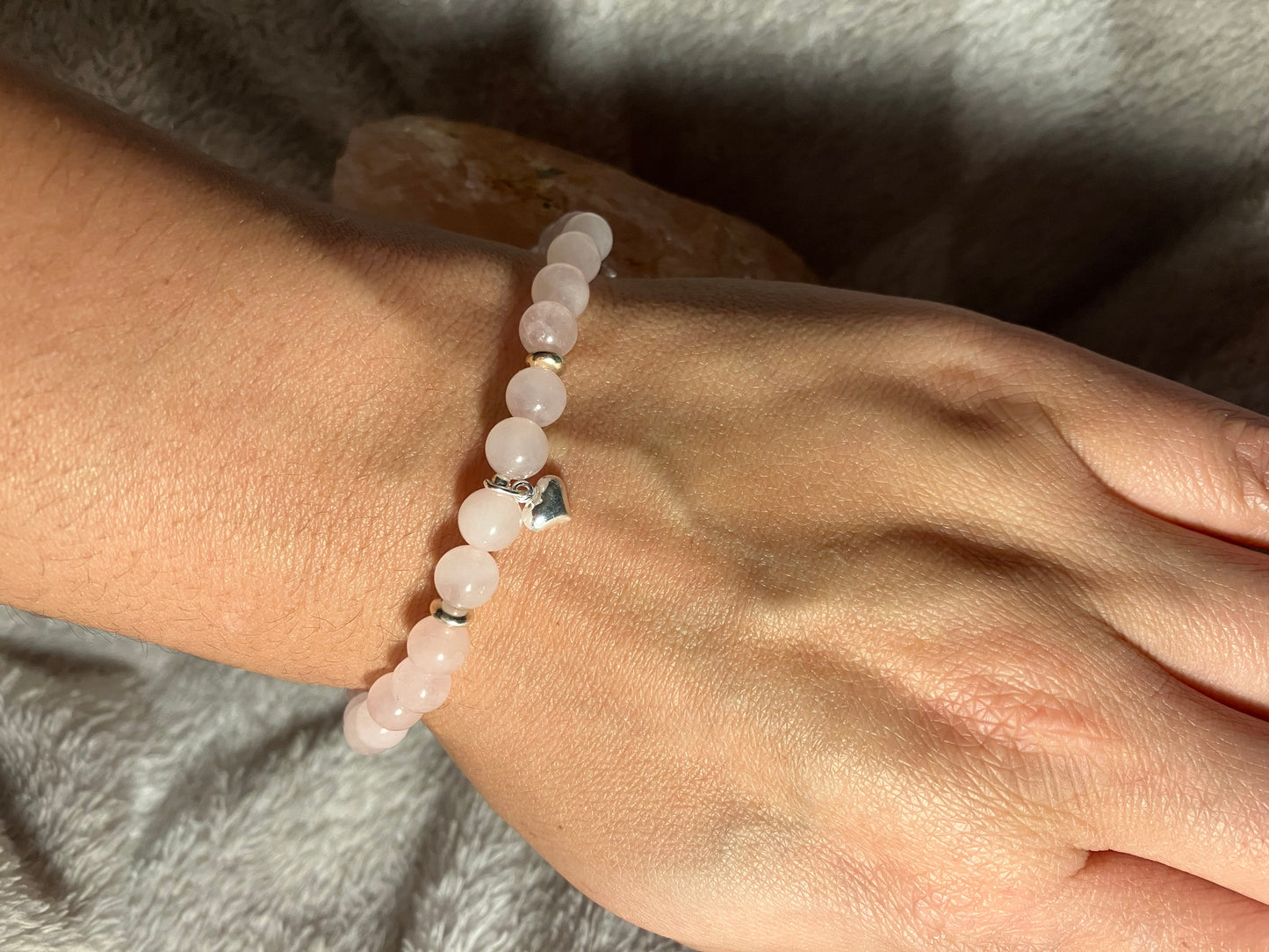 Crystal heart chakra healing bracelet. Rose Quartz. 925 sterling silver and real gemstone beads.