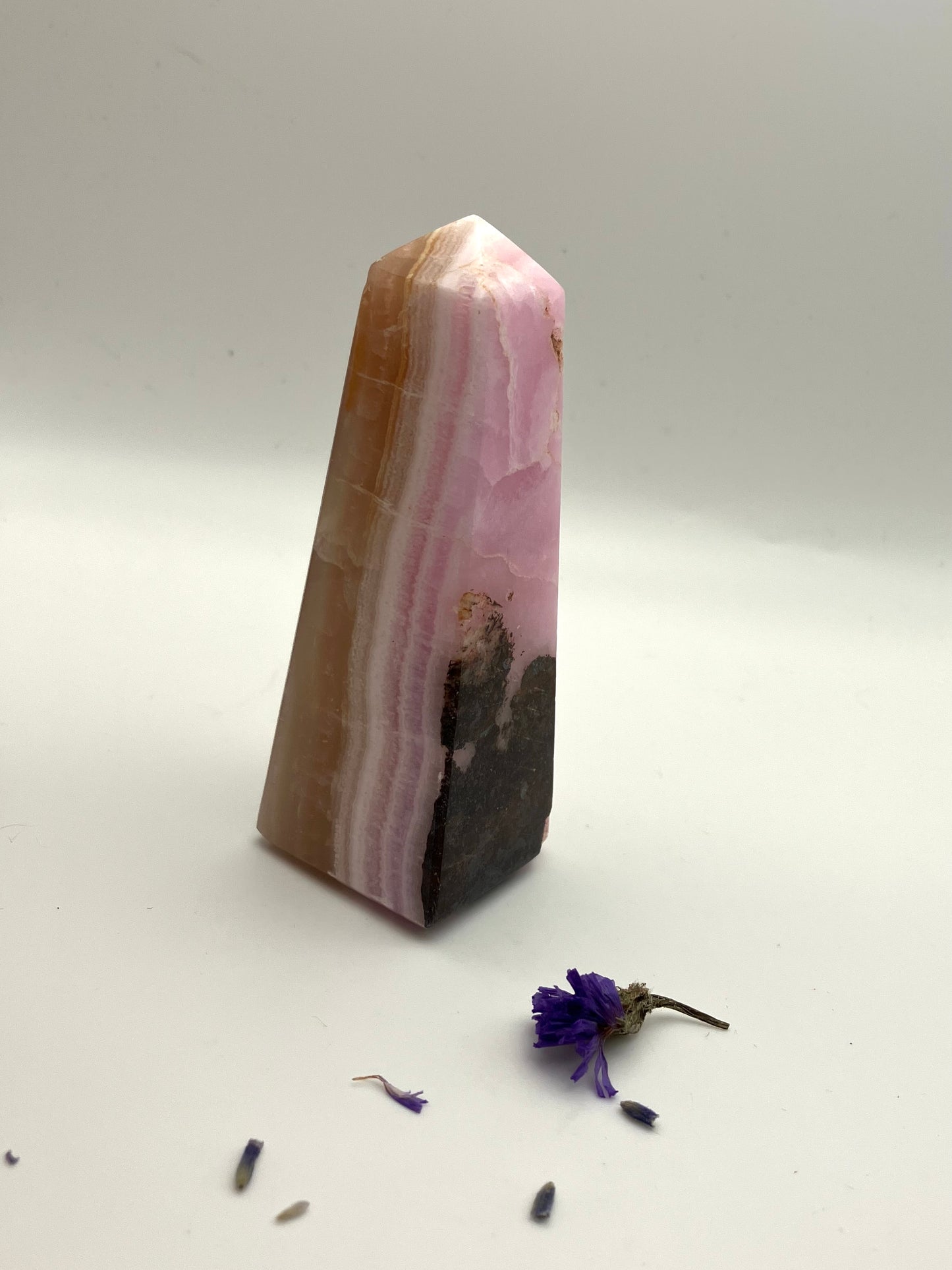 Rare pink aragonite tower with brown aragonite and white calcite. 9cm 141g