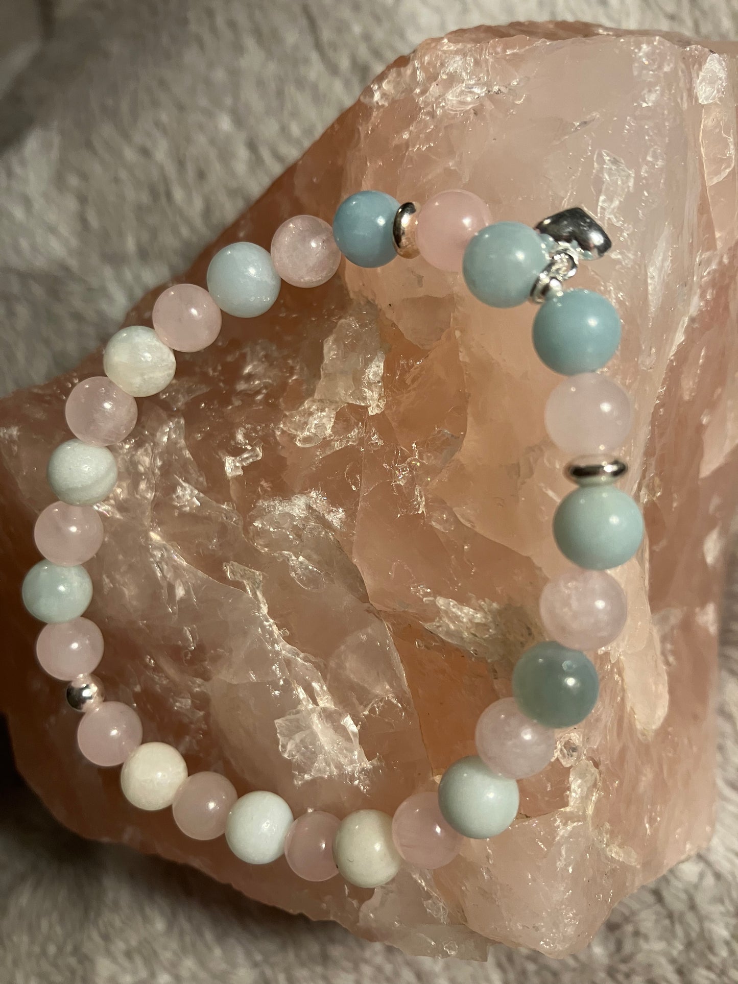 Crystal heart chakra healing bracelet. 6mm Amazonite and Rose Quartz. 925 sterling silver and real gemstone beads.