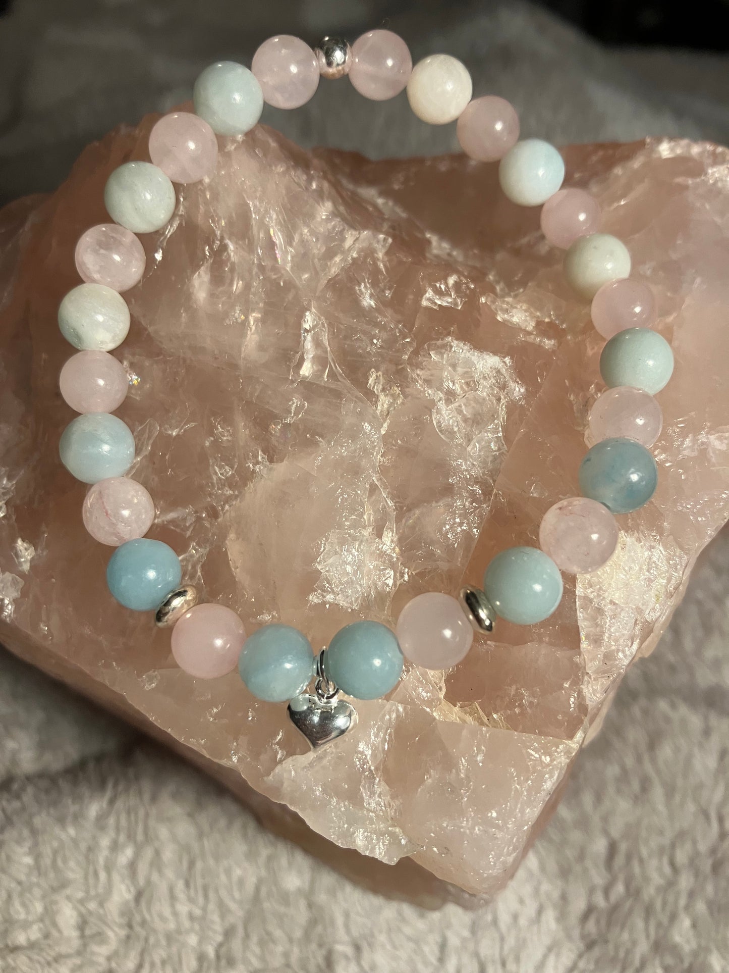 Crystal heart chakra healing bracelet. 6mm Amazonite and Rose Quartz. 925 sterling silver and real gemstone beads.