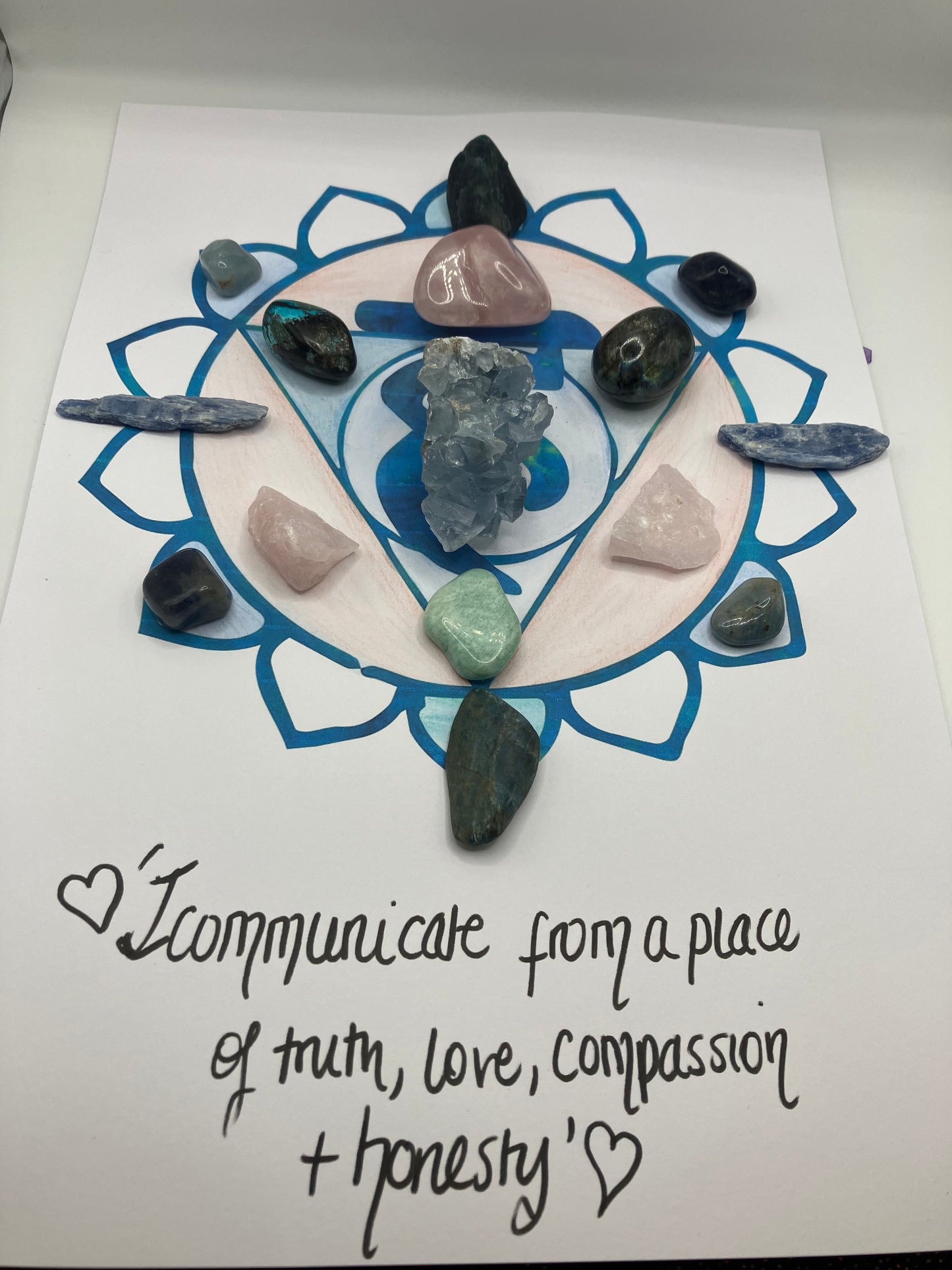 ‘I communicate from a place of truth, love, compassion and honesty’. Channelled crystal set and grid.