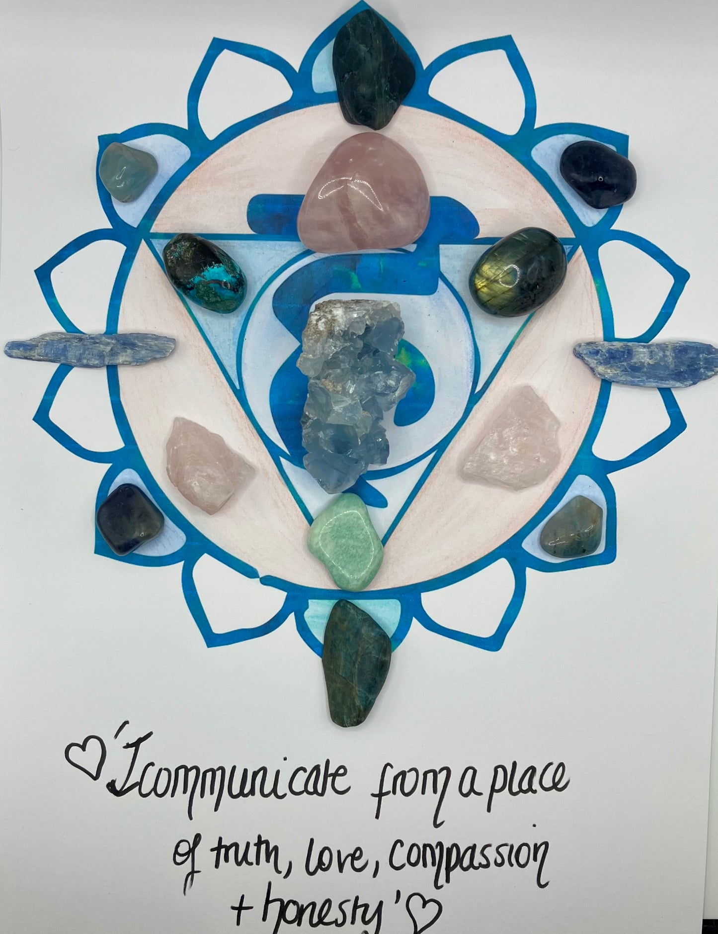 ‘I communicate from a place of truth, love, compassion and honesty’. Channelled crystal set and grid.