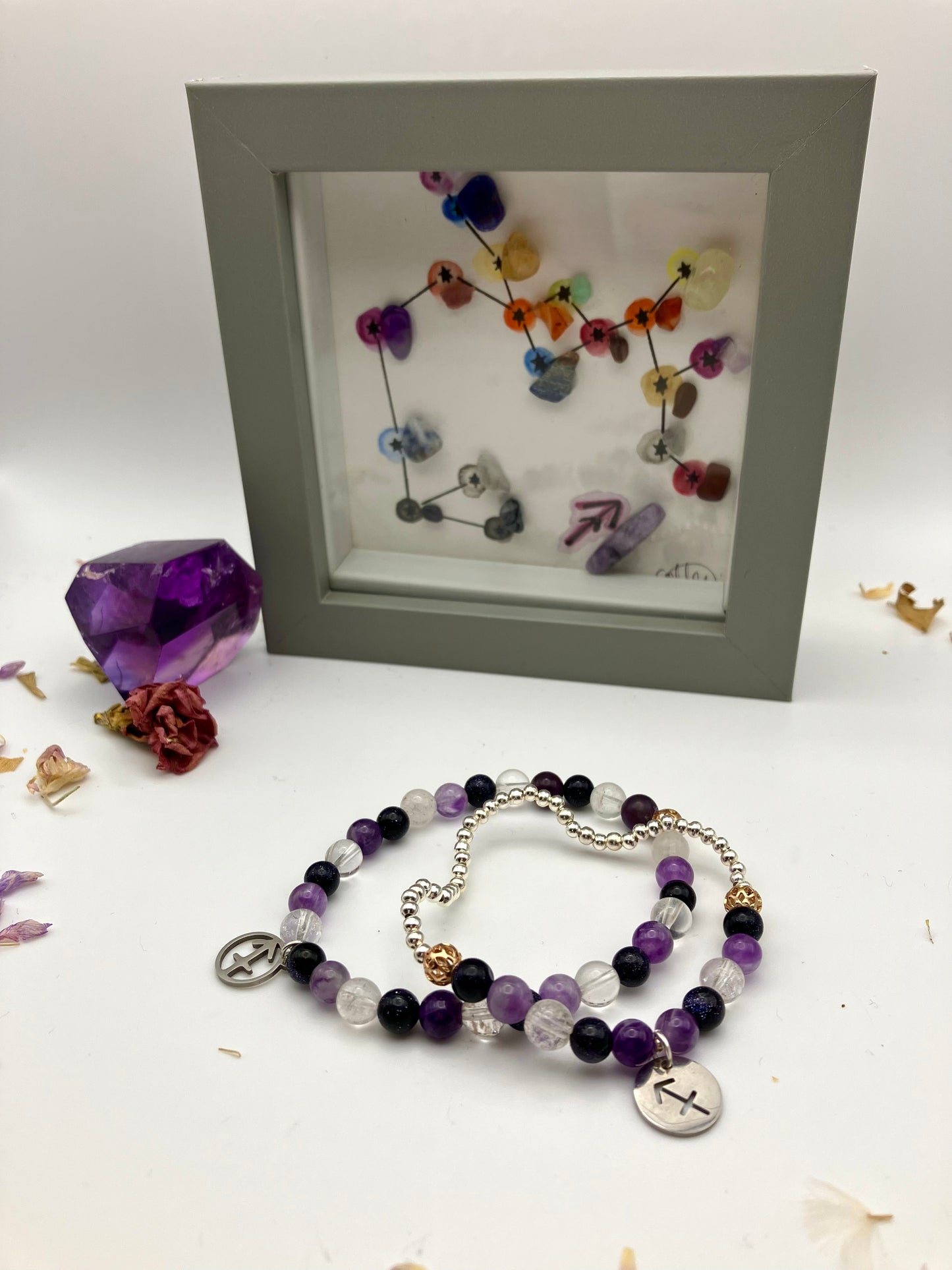 Sagittarius Semi Gemstone charm bracelet. TWO OPTIONS. Amethyst, Blue goldstone. Zodiac birthday gift. Spirituality, focus