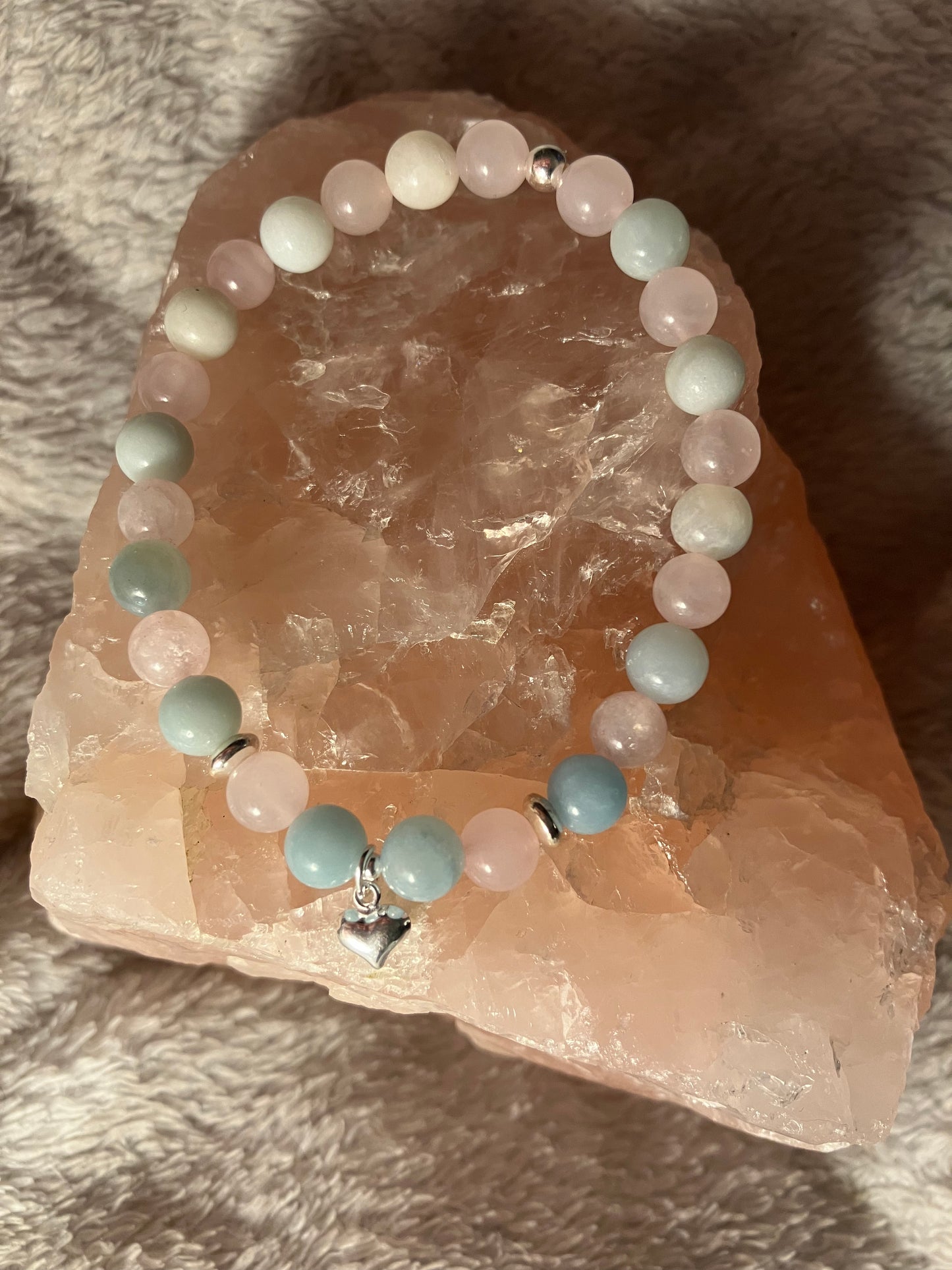 Crystal heart chakra healing bracelet. 6mm Amazonite and Rose Quartz. 925 sterling silver and real gemstone beads.