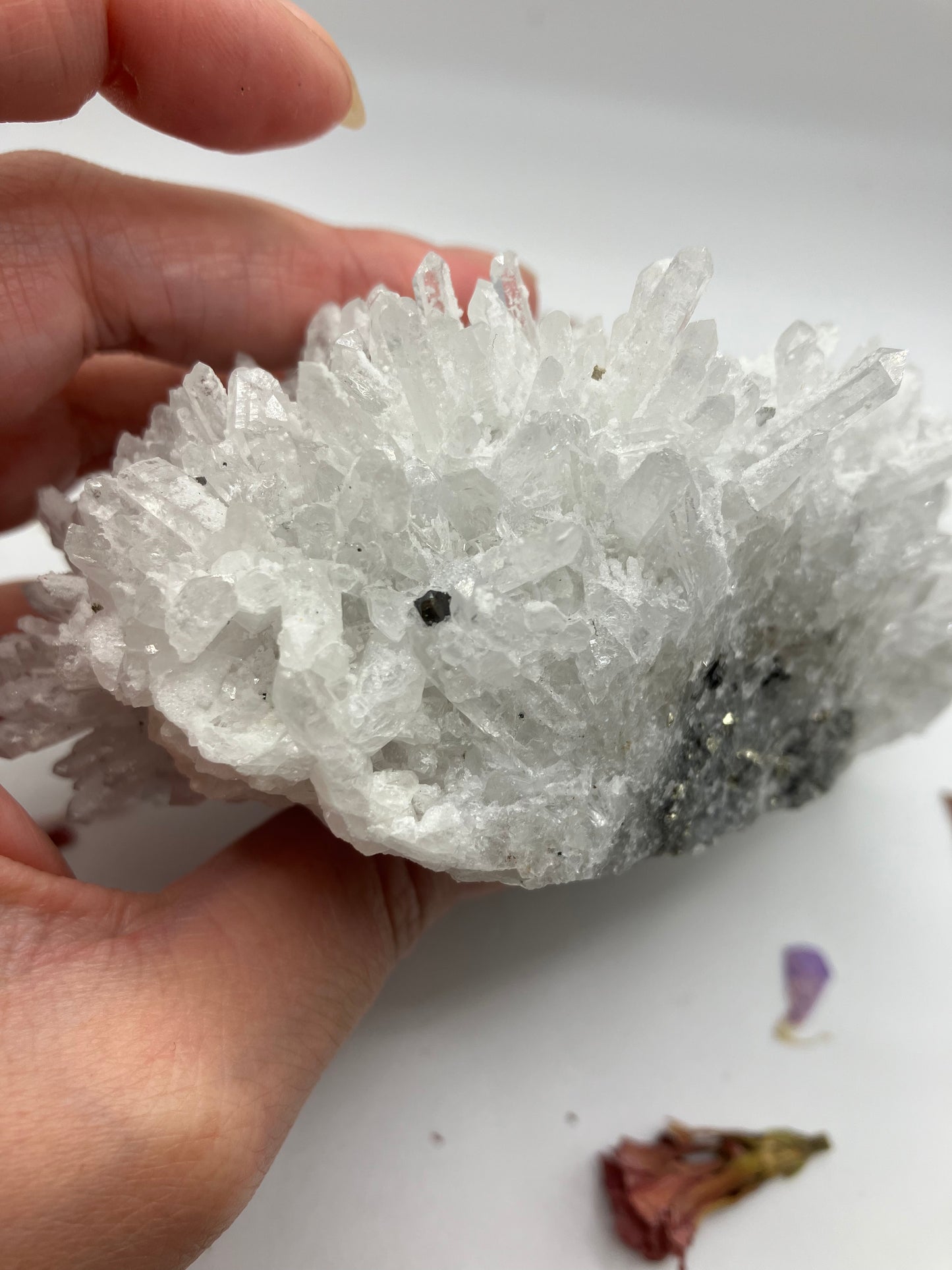 Snow Quartz needle cluster, on pyrite and galena matrix. 512 g