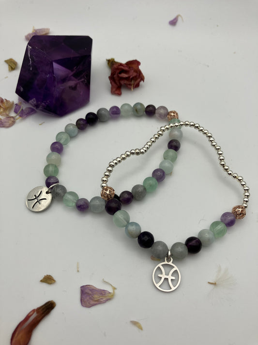 Pisces charm birthstone bracelet / TWO OPTIONS / Amethyst, sodalite, fluorite /Zodiac birthday gift /Psychic development, intuition, calming