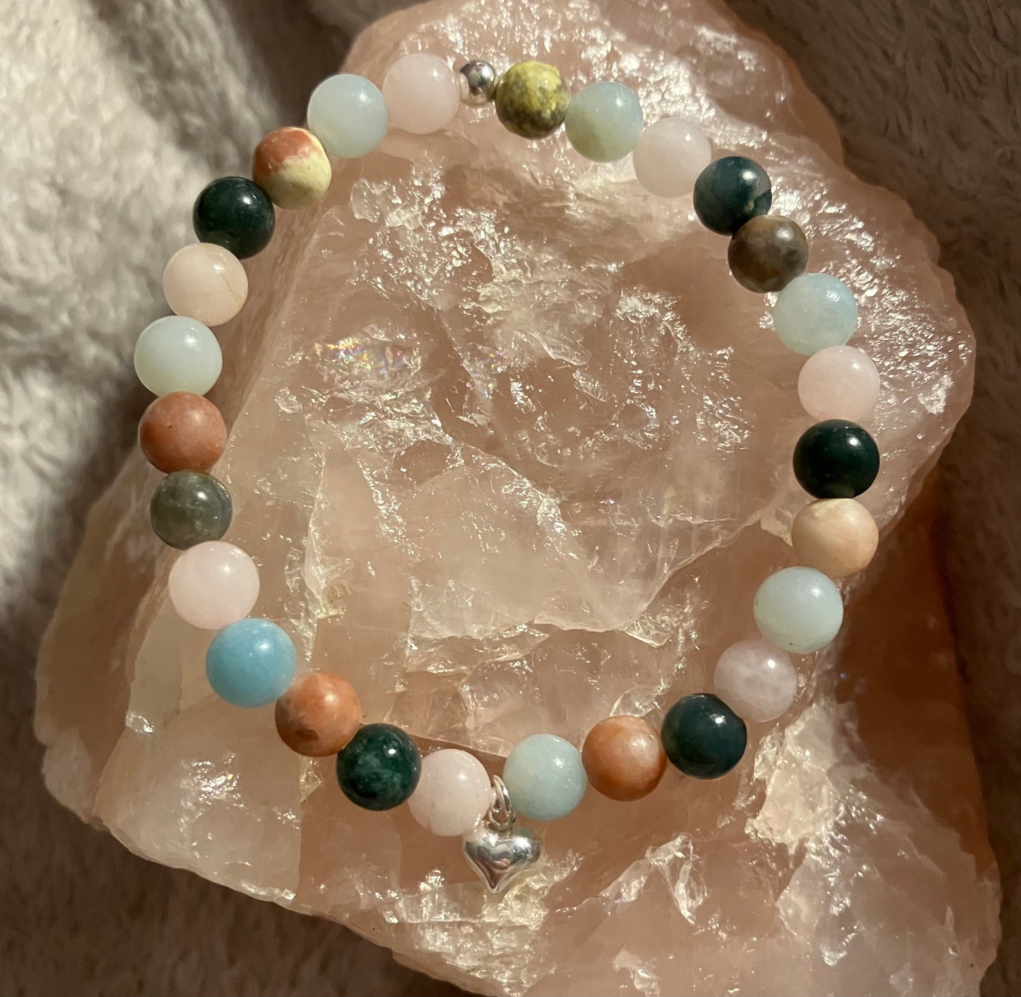 Crystal heart chakra healing bracelet. Amazonite, Moss Agate, Rose Quartz, Lepidolite 6mm. 925 sterling silver and real gemstone beads.