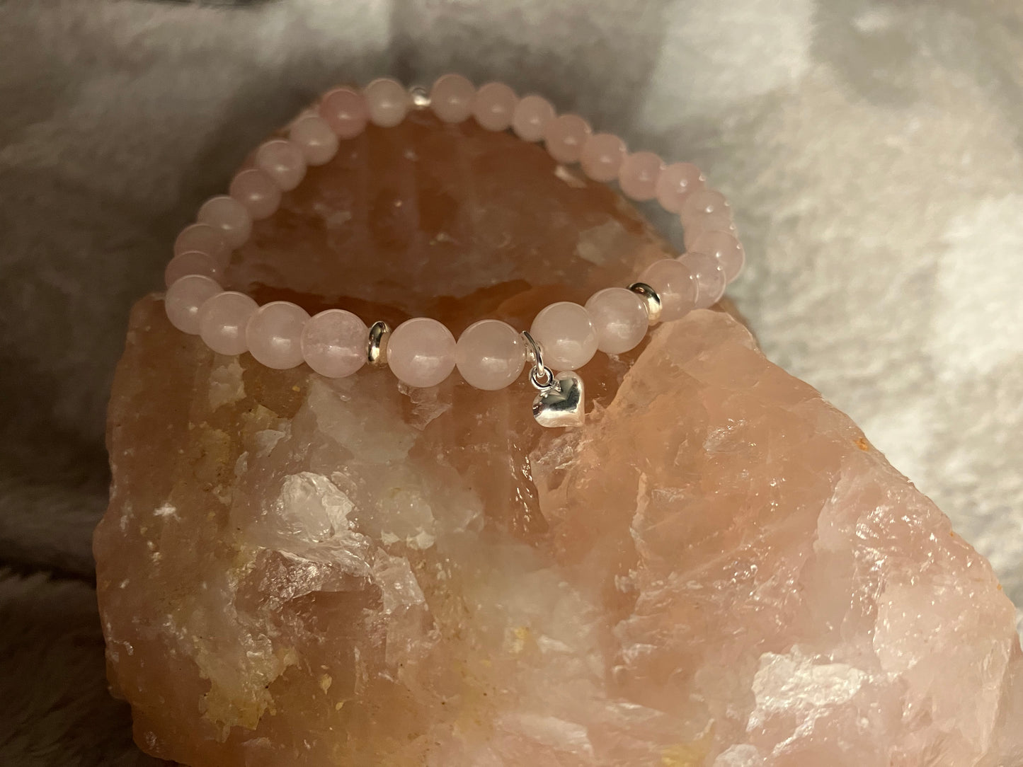 Crystal heart chakra healing bracelet. Rose Quartz. 925 sterling silver and real gemstone beads.