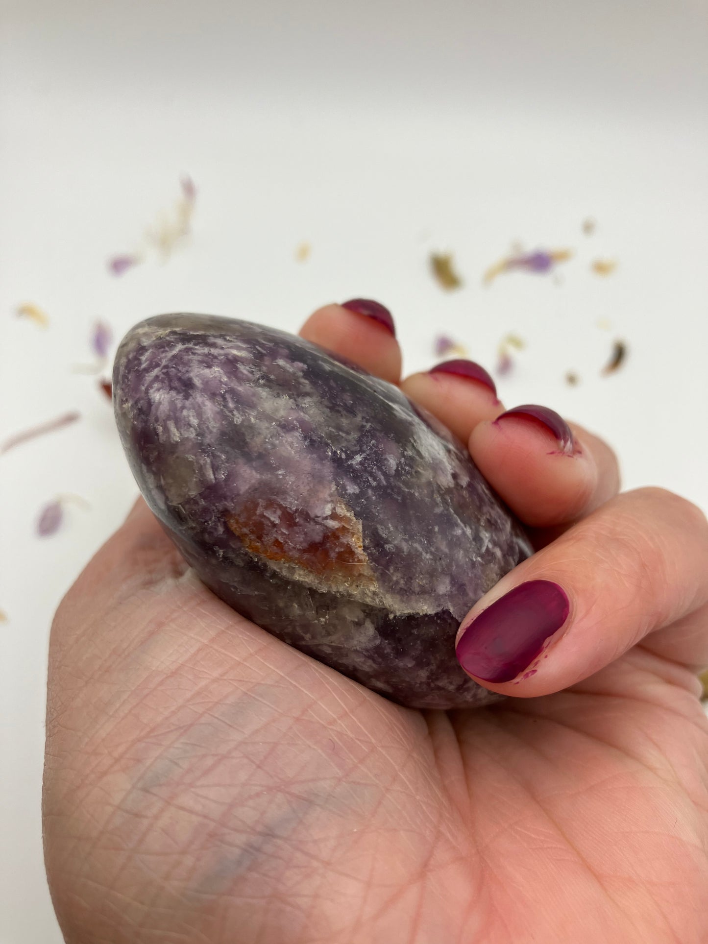 Lepidolite Pebble B with small blue apatite and pink tourmaline inclusion