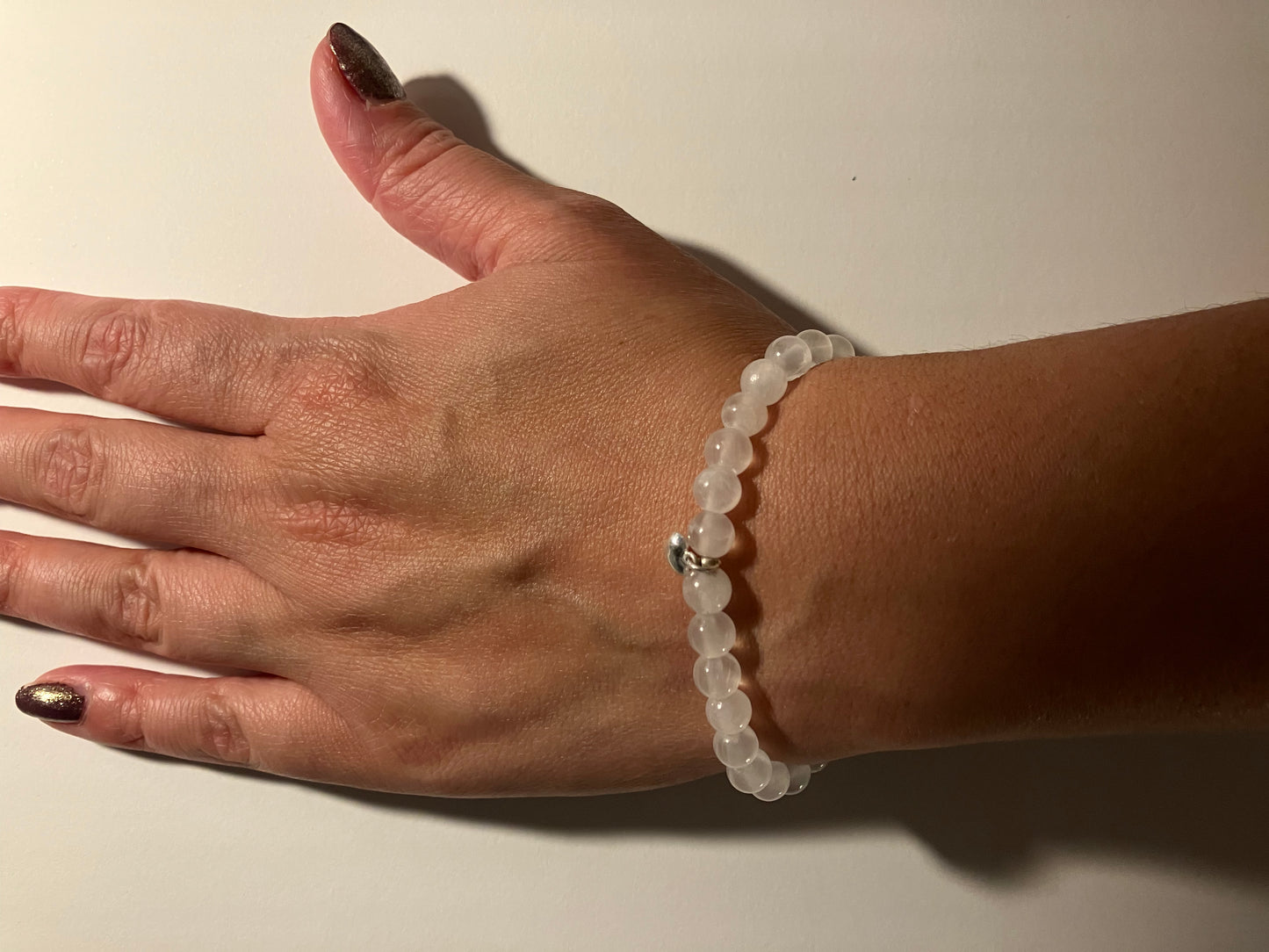 Selenite cleansing crystal bracelet. Bringing purity and light. 925 sterling silver and real gemstone beads.