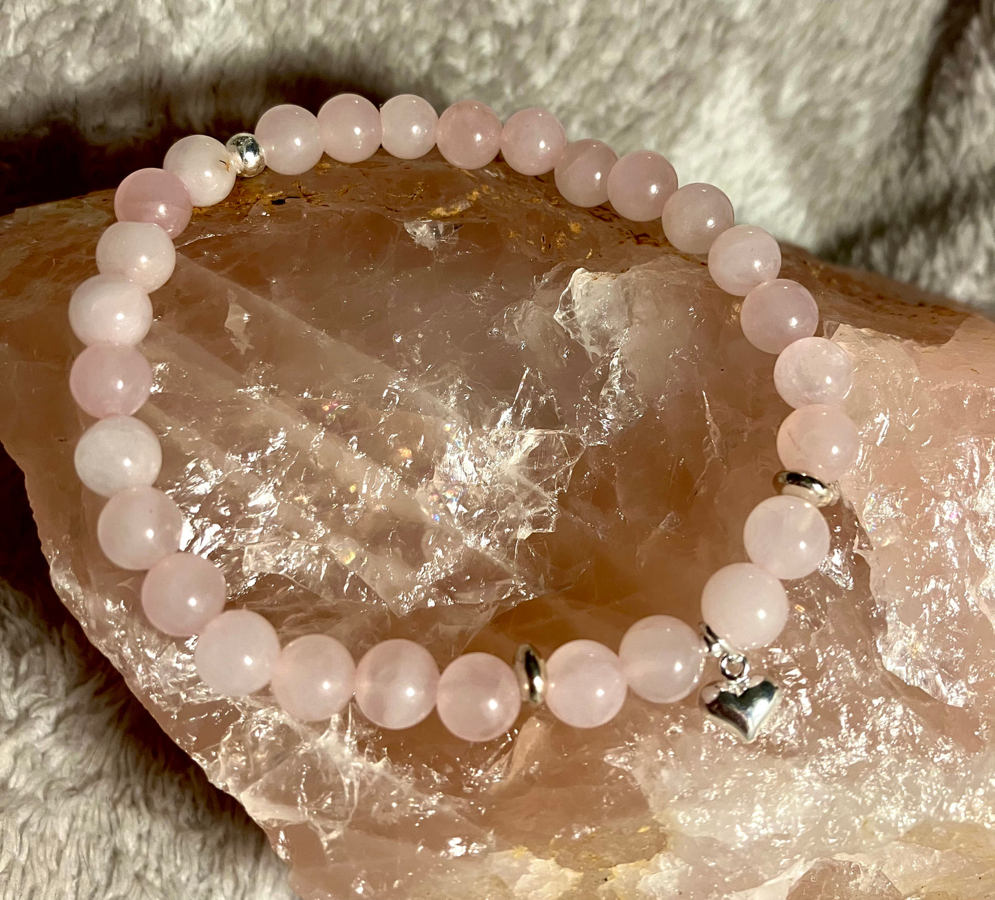 Crystal heart chakra healing bracelet. Rose Quartz. 925 sterling silver and real gemstone beads.