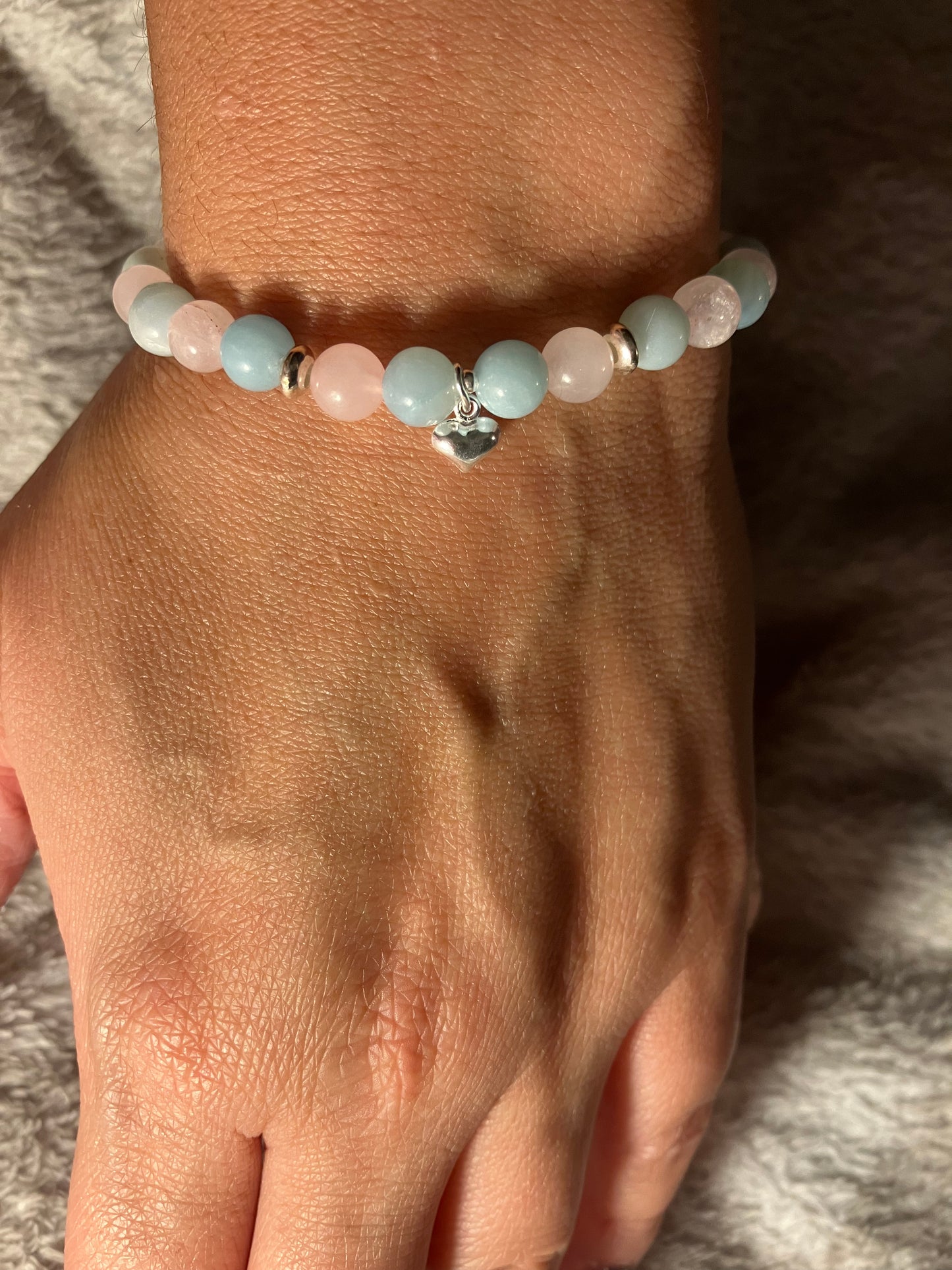 Crystal heart chakra healing bracelet. 6mm Amazonite and Rose Quartz. 925 sterling silver and real gemstone beads.