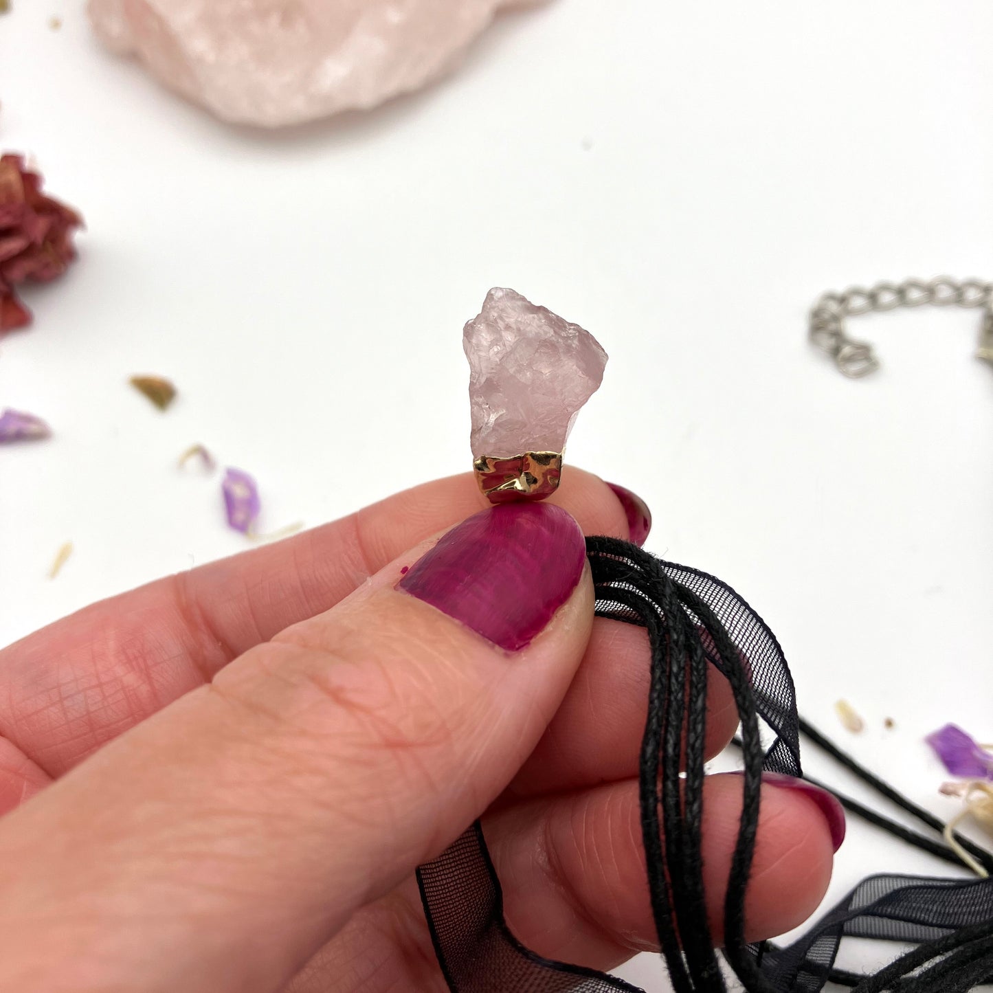 Small Raw Electroplated gold Rose Quartz necklace