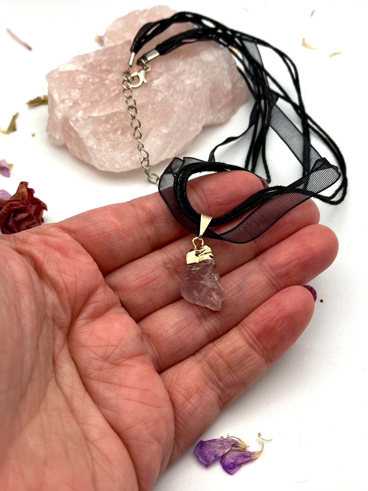 Small Raw Electroplated gold Rose Quartz necklace