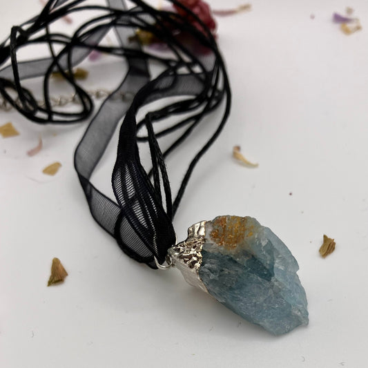 Large raw Electroplated silver AQUAMARINE necklace