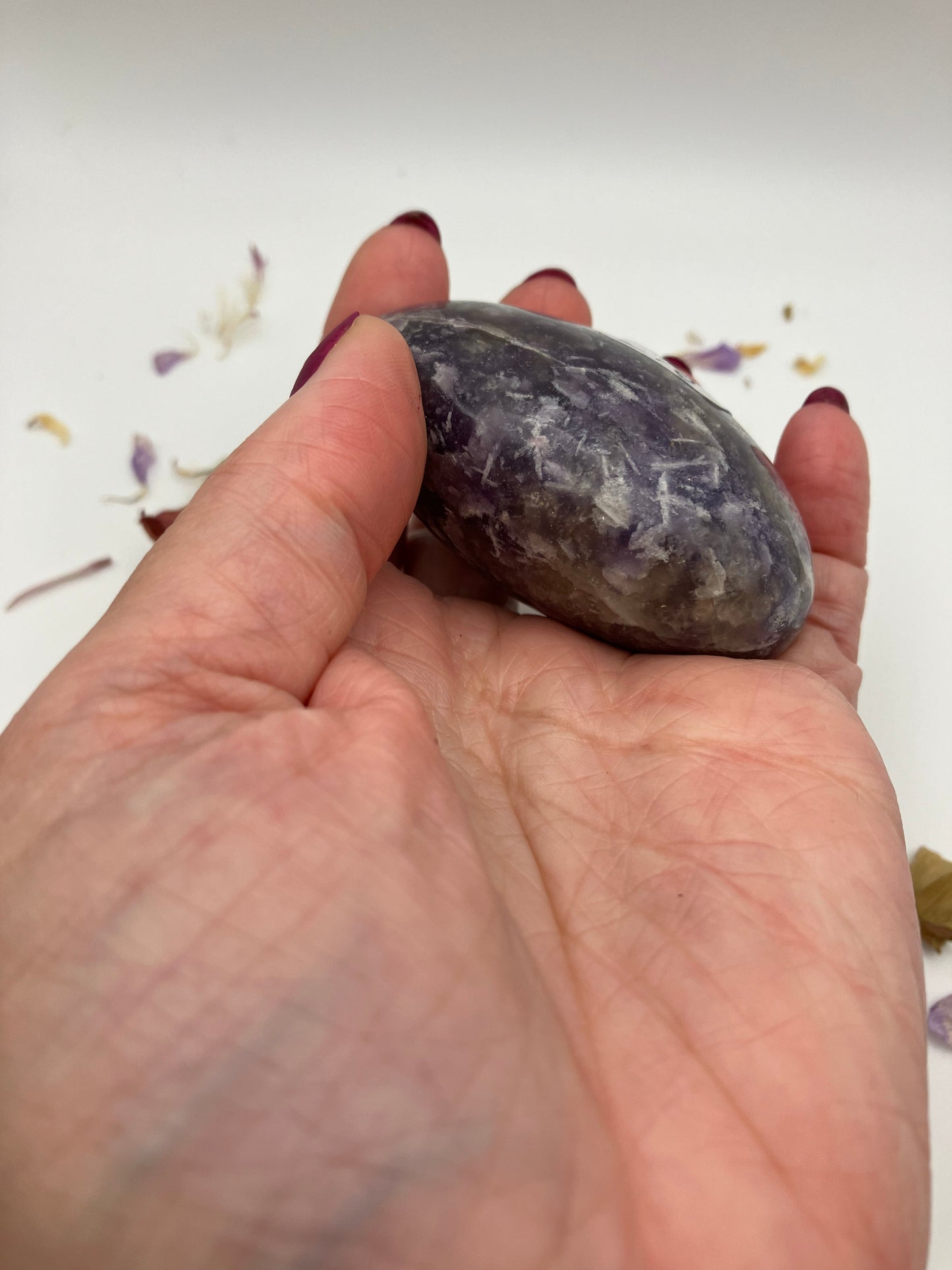 Lepidolite Pebble B with small blue apatite and pink tourmaline inclusion