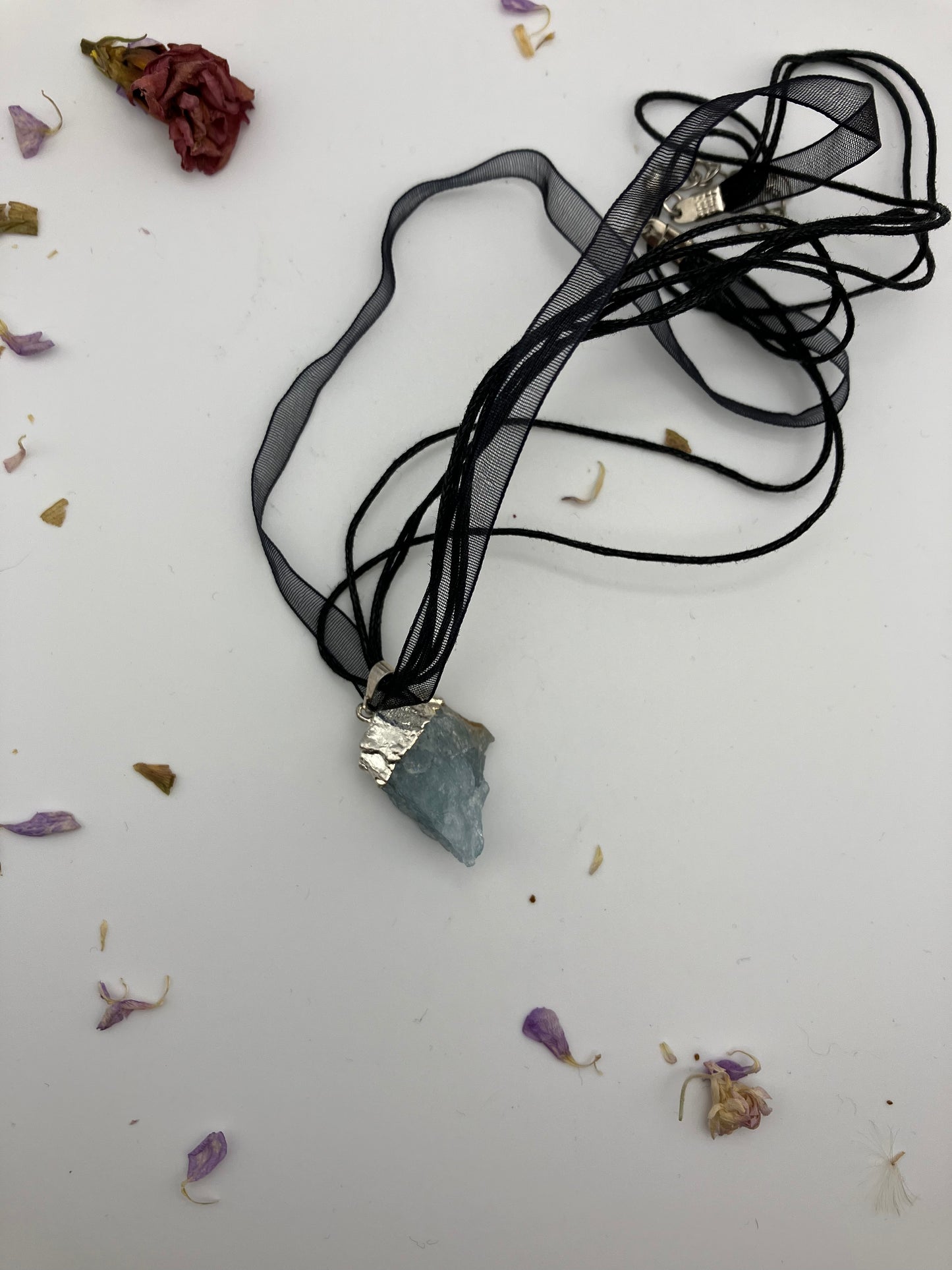 Large raw Electroplated silver AQUAMARINE necklace