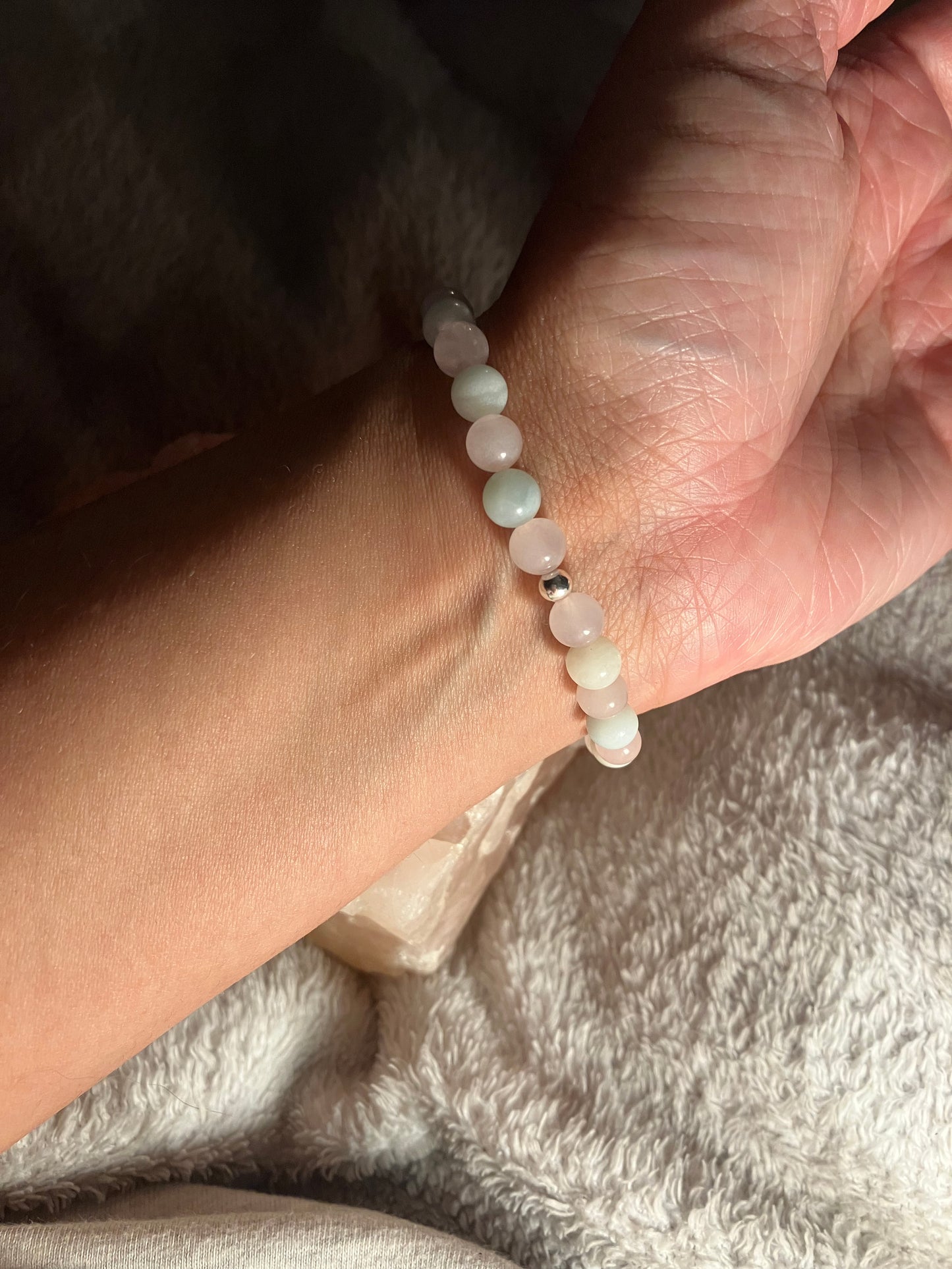 Crystal heart chakra healing bracelet. 6mm Amazonite and Rose Quartz. 925 sterling silver and real gemstone beads.