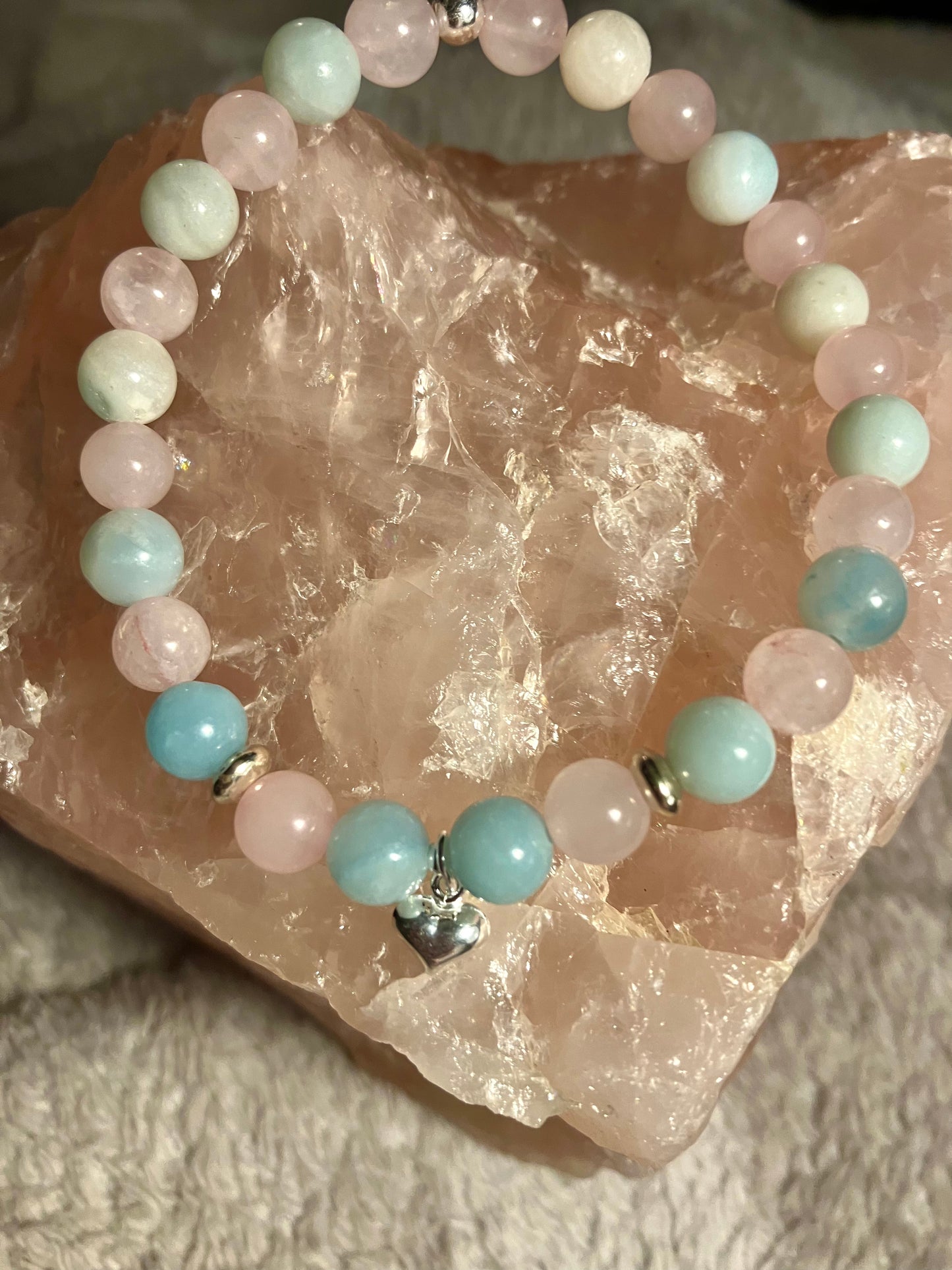 Crystal heart chakra healing bracelet. 6mm Amazonite and Rose Quartz. 925 sterling silver and real gemstone beads.