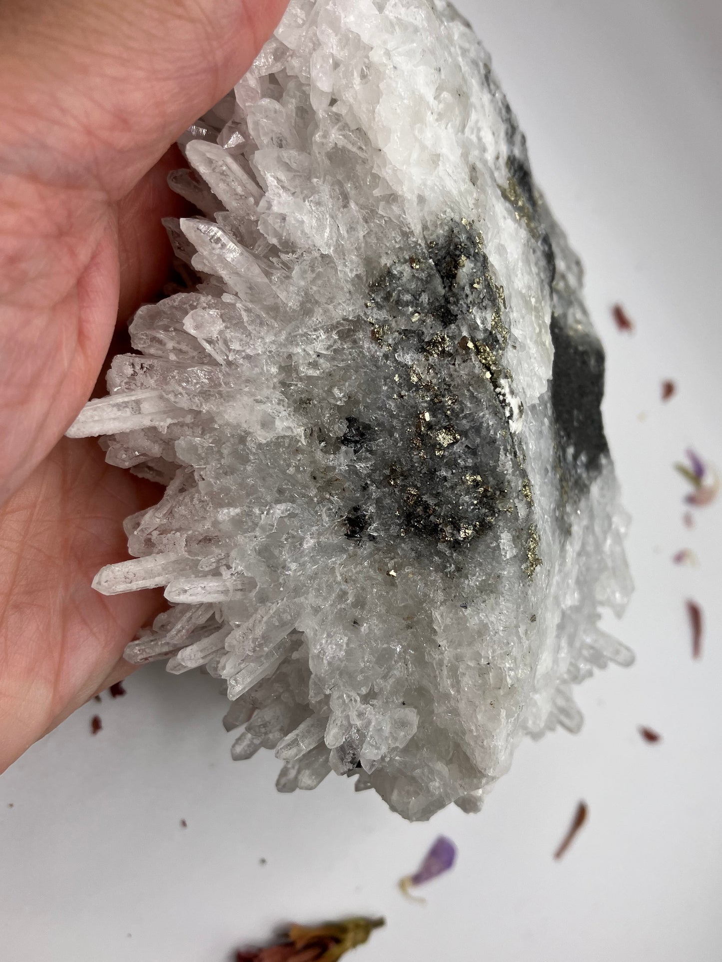 Snow Quartz needle cluster, on pyrite and galena matrix. 512 g