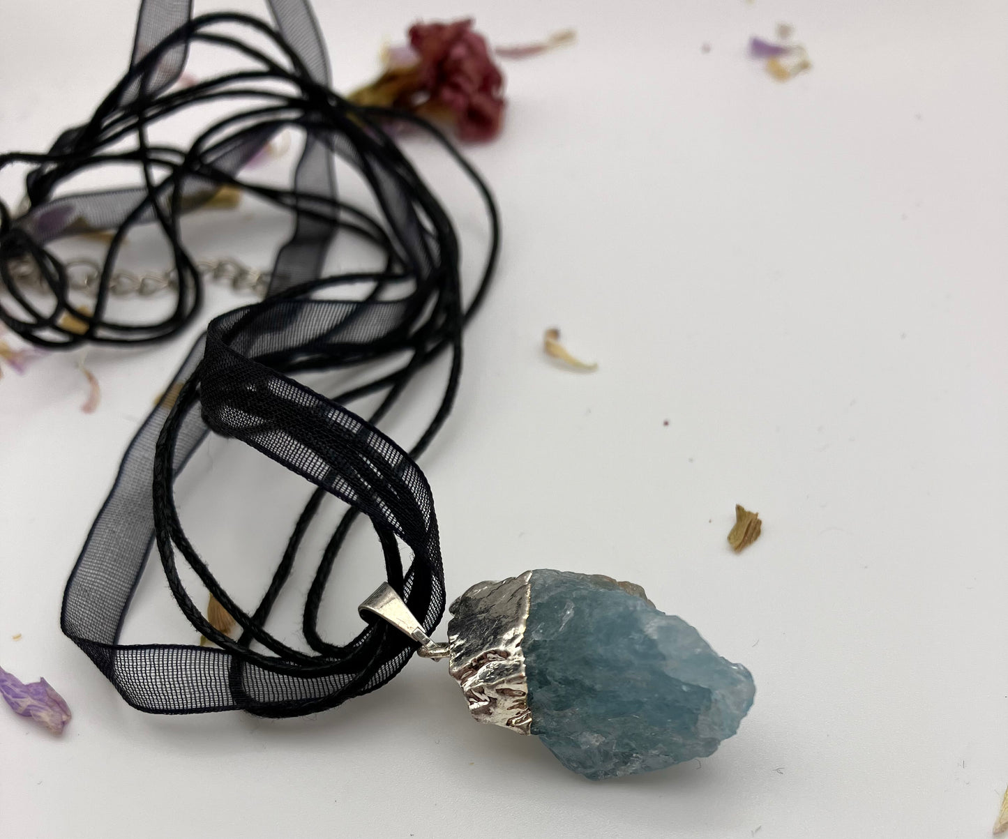 Large raw Electroplated silver AQUAMARINE necklace