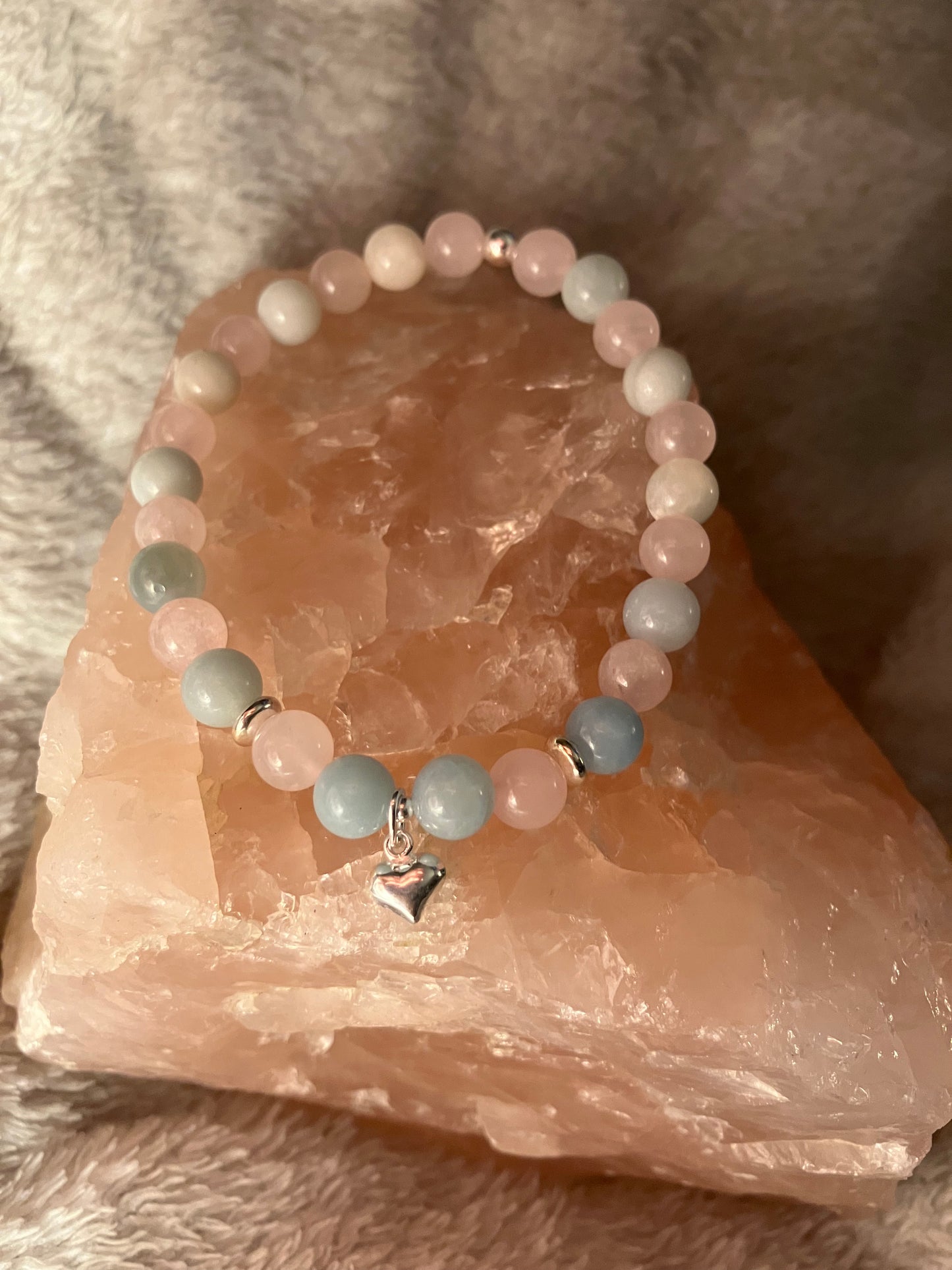 Crystal heart chakra healing bracelet. 6mm Amazonite and Rose Quartz. 925 sterling silver and real gemstone beads.