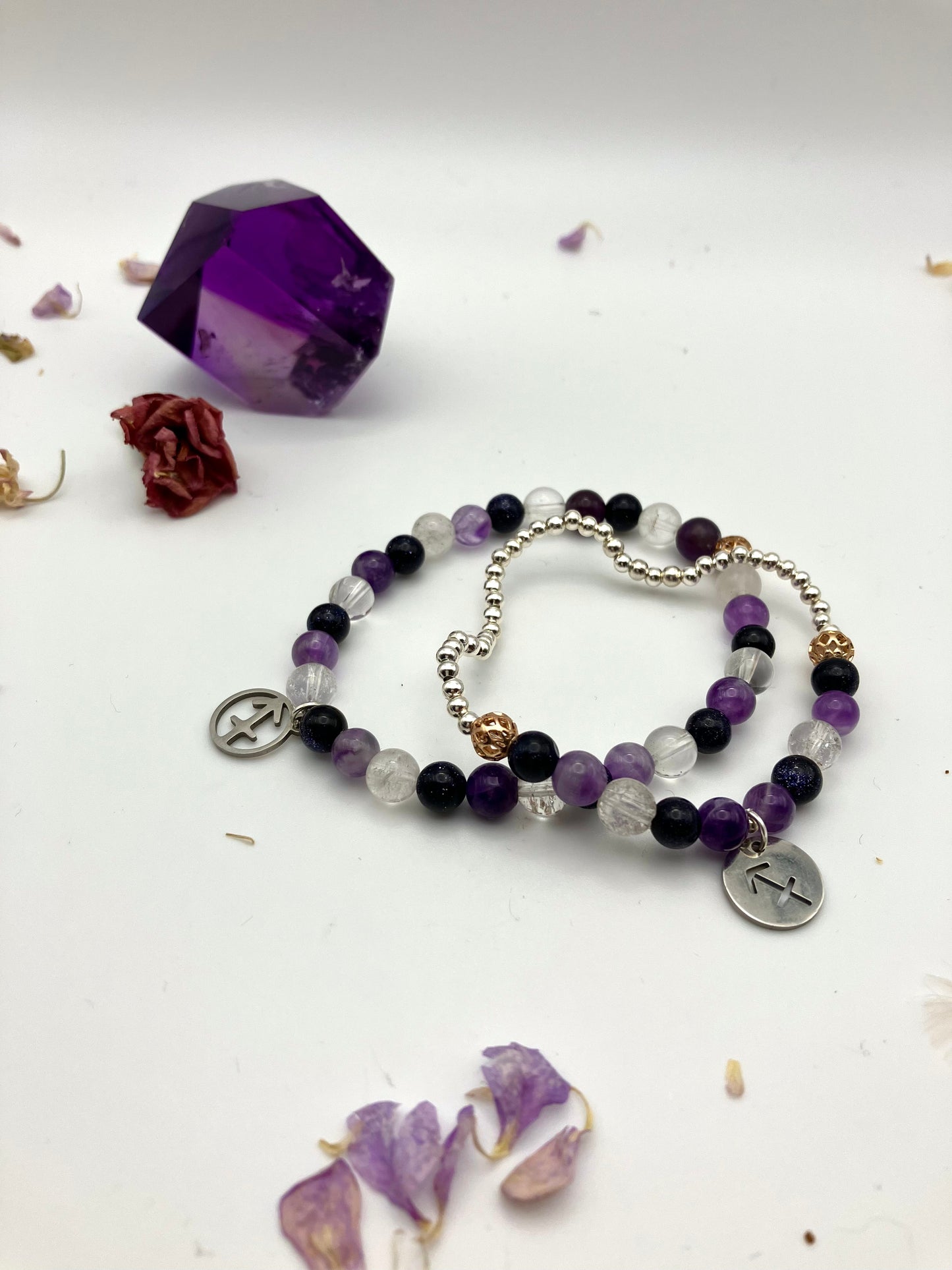 Sagittarius Full Gemstone charm bracelet. TWO OPTIONS. Amethyst, Blue goldstone. Zodiac birthday gift. Spirituality, focus